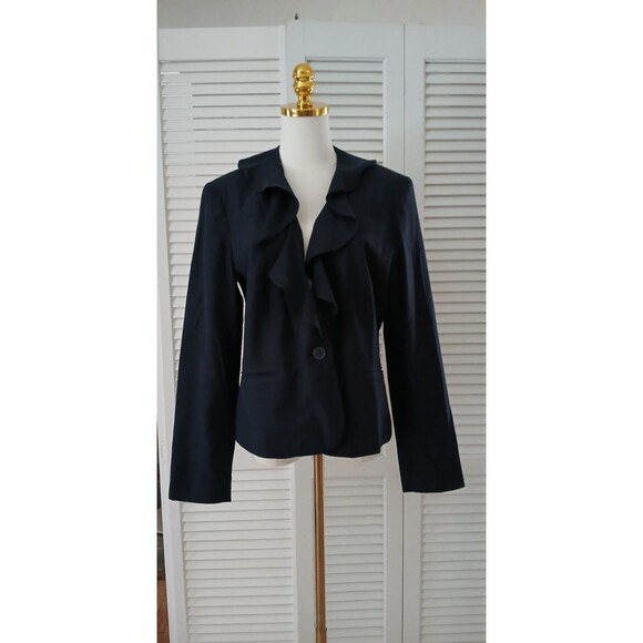 Chaps Women's Silk & Cotton Blend Blazer with Ruffle Neckline Size 12 Navy Blue - Picture 2 of 14